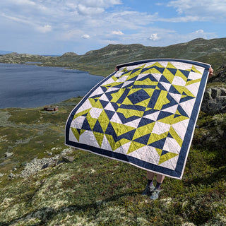 Person holding a geometric quilt in blue, green, and white tones outdoors by a lake and hills, showcasing The 279 Quilt Pattern (Download) by Millie & Bun Designs.