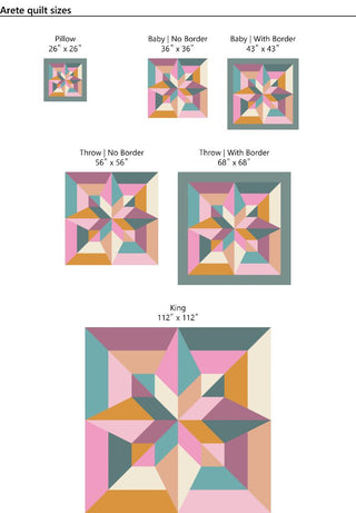 Diagram showing six quilt size options featuring a geometric star pattern in muted pink, teal, beige, and orange, illustrating the Arete 8-Color Quilt Pattern (Download) by Eudaimonia Studio.