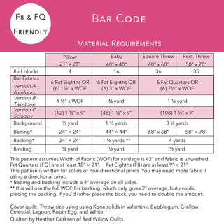 Material requirements chart for Bar Code Quilt Pattern (Download) by Penny Spool Quilts showing fabric yardage for pillow, baby, square throw, and rectangular throw sizes with options for fat eighths, fat quarters, scrappy, two-tone, and background, batting, backing, and binding details.