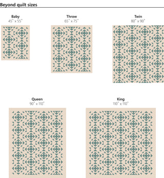Diagram showing different quilt sizes for the Beyond quilt by Eudiamonia Studio with geometric patterned designs.