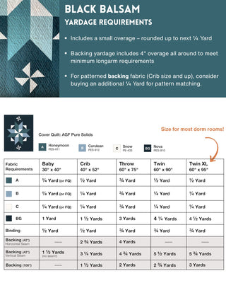 Black Balsam Quilt Pattern (Download) yardage requirements chart displaying fabric amounts for baby, crib, throw, twin, and twin XL sizes with color-coded fabric swatches, by Hampton Quilt Studio.