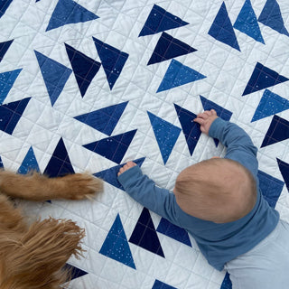Blessings Quilt Pattern (Download) by Homemade Emily Jane featuring a child and dog enjoying a blue and white geometric quilt with triangular patchwork