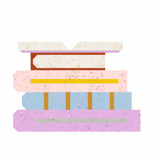 Illustration of a stack of pastel-colored books with speckled textures, representing the Book Club Block Pattern (Download) by Lou Orth Designs.
