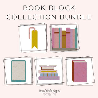 Illustrated quilt block designs featuring books and bookmarks in pastel colors, showcasing The Book Block Collection — Complete 5-Block Bundle (Download) by Lou Orth Designs.