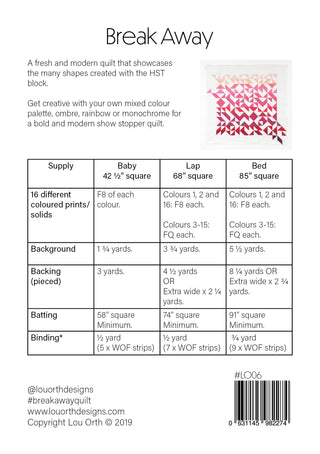 Break Away Quilt Pattern (Download) fabric requirements and supply list by Lou Orth Designs, detailing yardage and materials for baby, lap, and bed sizes in a modern HST quilt style.