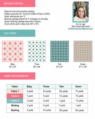 Fabric requirements chart for four quilt sizes with color-coded fabric usage details, including yardage needed for baby, throw, twin, and queen quilts, for Breezy Shores Quilt Pattern (Download) by Shadow Valley Quilts.