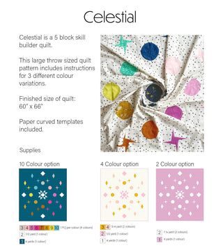 Close-up of a fabric display showing star and circle shapes in colorful celestial-themed quilt blocks, part of the Celestial Quilt Pattern (Download) by Lou Orth Designs.