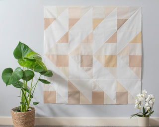 Cirrus Quilt Pattern (Download) by Homemade Emily Jane featuring a modern geometric quilt in soft neutral tones displayed on a wall beside leafy plants
