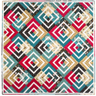 Colorful geometric quilt with concentric diamond blocks in teal, red, black, beige, and white, showcasing the Coreina Quilt Pattern (Download) by A Piece of Quiet Quilts.