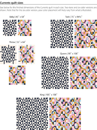 Chart showing different quilt sizes with geometric patterned designs for the Currents quilt by Eudaimonia Studio 