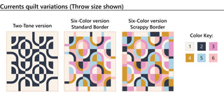 Color swatches and pattern variations for the Currents quilt Eudaimonia Studio with a color key on the side.