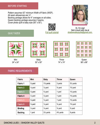 Fabric requirements chart and quilt size guide for Dancing Lilies Quilt Pattern (Download) by Shadow Valley Quilts, featuring mini, baby, throw, and queen size options with a friendly intro from the designer.