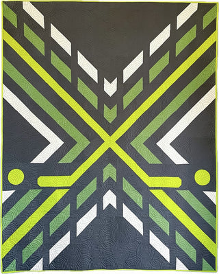 Faceoff Quilt Pattern (Download) by Jessica Steele Design featuring a geometric hockey motif in charcoal green lime and white with crossed sticks and bold angular blocks