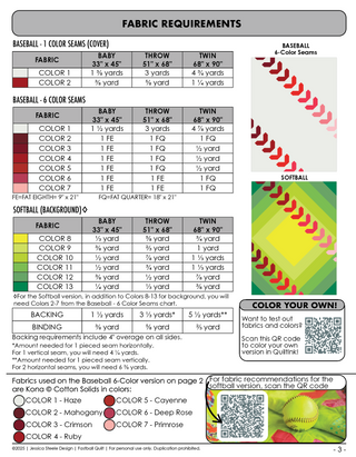 Fastball 2.0 Quilt Pattern (Download) by Jessica Steele Design showing fabric requirements and baseball and softball quilt color variations.