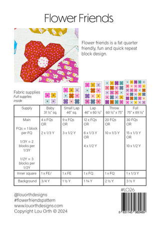 Close-up of a quilt block featuring a red floral pattern with pink and yellow fabric pieces, showing fabric requirements for different sizes by Lou Orth Designs for the Flower Friends Quilt Pattern (Download).