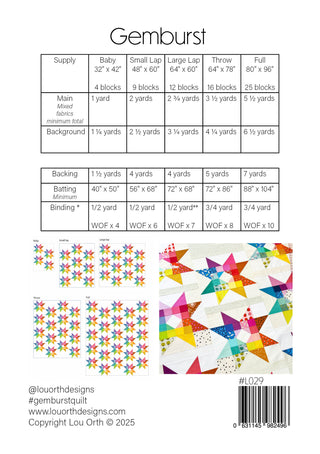 Gemburst Quilt Pattern (Download) by Lou Orth Designs showing colorful geometric star quilt blocks in various sizes with fabric requirements and finishing measurements for baby to full quilts.