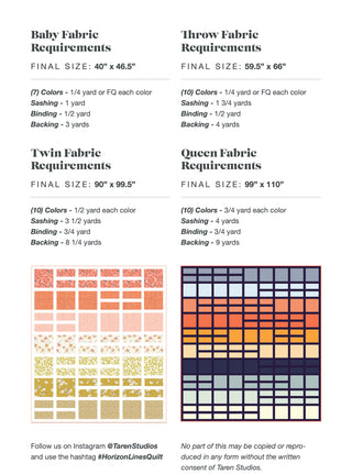 Fabric requirements chart for different quilt sizes with color swatches.