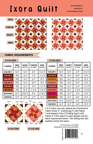 Fabric requirements chart for the Ixora Quilt Pattern (Download) by Thai Charm showing color layouts and yardage for mini, baby, throw, and bed quilt sizes in 6 and 8 color options.