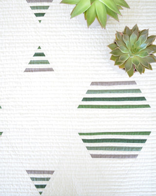 Living Room Quilt Pattern by Sewn light colorway closeup: white quilt with green striped geometric hexagons and triangles, styled with green succulents.