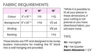 Love FPP Block Pattern (Download) by Aurora + Holly showing fabric requirements for colour, background, binding, and backing fabric for a heart quilt block