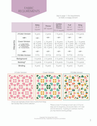 Fabric requirements chart for different quilt sizes and versions featuring heart patterns with examples from Ruby Star Society’s fabric collection, for the Lovelace Quilt Pattern (Download) by The Dandy Patch.