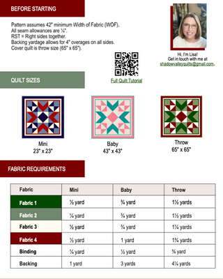 Fabric requirements chart for Mini, Baby, and Throw quilt sizes with colorful block illustrations and a photo of Lisa from Shadow Valley Quilts, for Northern Glow Quilt Pattern (Download).