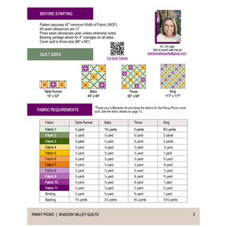 Fabric requirements chart for Pansy Picnic Quilt Pattern (Download) by Shadow Valley Quilts showing colors, yardage for table runner, baby, throw, and king quilt sizes with quilt block illustrations.
