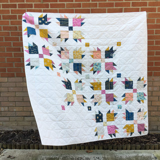 Paw Tracks quilt by Lou Orth Designs with geometric pattern on a brick wall background