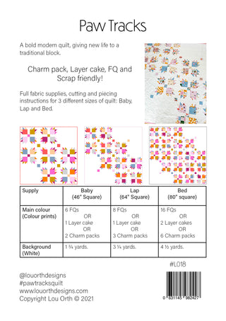 Paw Tracks Quilt Pattern (Download) by Lou Orth Designs showing fabric requirements and instructions for three quilt sizes: Baby, Lap, and Bed with colorful block layout examples.