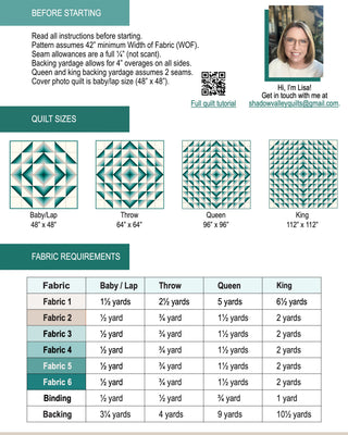 Fabric requirements chart and quilt size guide for Baby/Lap, Throw, Queen, and King sizes in various teal and green shades, featuring a friendly introduction by Lisa from Shadow Valley Quilts, related to Percussion Quilt Pattern (Download).