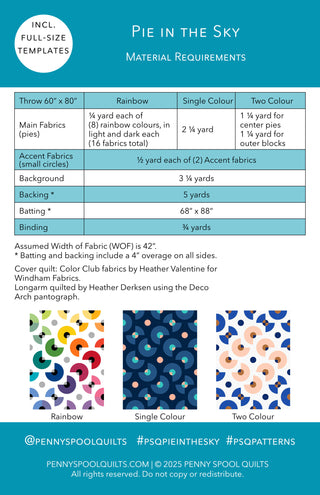 Material requirements chart for Pie in the Sky Quilt Pattern (Download) by Penny Spool Quilts, showing fabric yardage and color options including rainbow, single color, and two color.