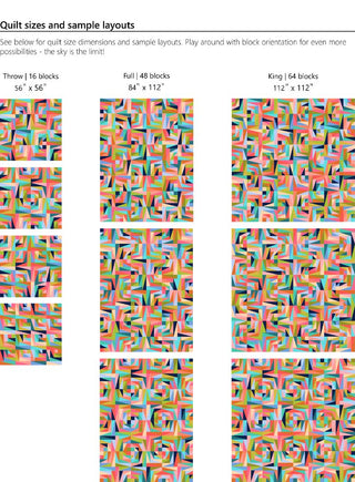 Quilt size chart showing throw, full, and king layouts with colorful geometric patchwork blocks for the Super Scrappy Repair Quilt Pattern (Download) by Eudaimonia Studio.