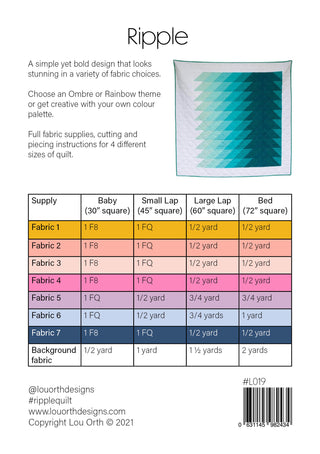 Fabric requirements chart for the Ripple Quilt Pattern (Download) by Lou Orth Designs showing colorful fabric yardages for baby, small lap, large lap, and bed quilt sizes with background fabric measurements.