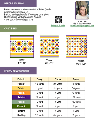 Chart showing fabric requirements and quilt sizes for Scatter Sunshine Quilt Pattern (Download) by Shadow Valley Quilts, including baby, throw, and queen dimensions with yardage details.