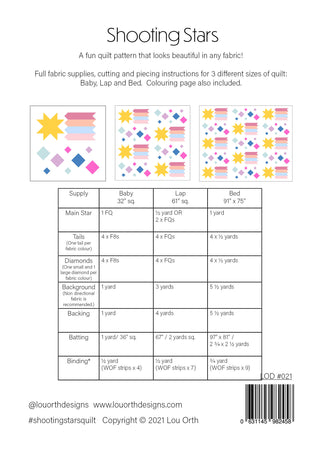 Shooting Stars Quilt Pattern (Download) fabric requirements guide by Lou Orth Designs showing colorful star and diamond shapes with yardage details for baby, lap, and bed quilts.