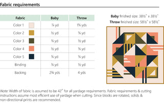 Fabric requirements chart showing yardage for five colors, binding, and backing for baby and throw quilt sizes with a geometric quilt block pattern sample, linked to Sincerely Quilt Pattern (Download) by Eudaimonia Studio.