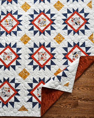 Close-up of a geometric quilt with red, blue, and yellow patterns featuring floral and bird motifs, showcasing the Splendid Shimmer Quilt Pattern (Download) by A Piece of Quiet Quilts.