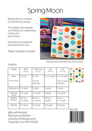 Spring Moon Quilt Pattern (Download) by Lou Orth Designs features a modern curved piecing design with colorful quarter circle blocks creating large circles and semi circles, shown as a small lap quilt using Ruby Star Society fabric.