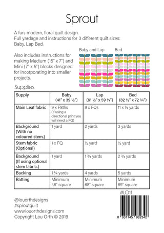 Fabric requirements chart for Sprout Quilt Pattern (Download) by Lou Orth Designs showing yardage and fabric types needed for baby, lap, and bed quilt sizes with colorful quilt block illustrations.