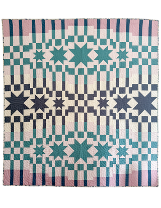 Star quilt featuring teal, navy, and blush geometric patterns in an intricate design, showcasing the Starstruck Quilt Pattern (Download) by Sweet Potato Quilts.
