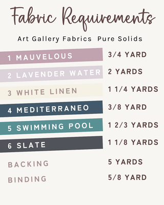 Fabric requirements list for Starstruck Quilt Pattern (Download) by Sweet Potato Quilts, showing specific yardages of Art Gallery Fabrics Pure Solids in mauve, lavender, white, blue, teal, and slate colors.