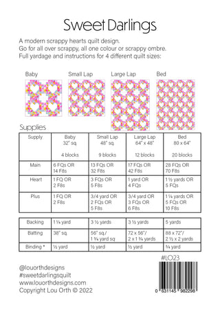 Sweet Darlings Quilt Pattern (Download) by Lou Orth Designs shows a modern scrappy hearts quilt with fabric requirements and instructions for baby, small lap, large lap, and bed sizes.