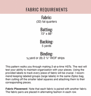 Fabric requirements for Sweetheart Medley Quilt Pattern (Download) by Sweet Potato Quilts, including fat quarters, batting, backing, and binding details with sewing tips.