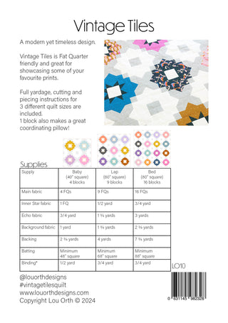 Close-up of a colorful quilt featuring geometric star and tile patterns showcasing the Vintage Tiles Quilt Pattern (Download) by Lou Orth Designs, ideal for fat quarter fabric quilting.