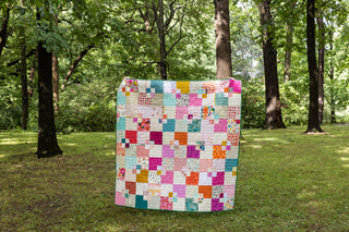 Colorful Welcome Party quilt by Trace Creek Quilting quilt in a forest setting
