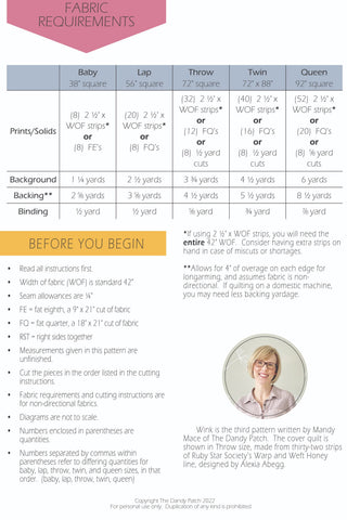 Fabric requirements chart for baby, lap, throw, twin, and queen sizes with yardage details for prints, solids, background, backing, and binding, featuring The Dandy Patch’s Wink Quilt Pattern (Download) and designer introduction.