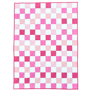 Doubled Up Quilt Pattern (Download) by Homemade Emily Jane featuring a playful pink and white geometric checkerboard quilt design with layered movement and dimension
