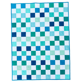 Doubled Up Quilt Pattern (Download) by Homemade Emily Jane featuring a modern geometric quilt design with blue teal and white layered checkerboard blocks