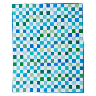 Doubled Up Quilt Pattern (Download) by Homemade Emily Jane featuring a modern geometric quilt with layered blue green and white checkerboard blocks