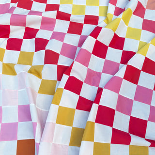 Doubled Up Quilt Pattern (Download) by Homemade Emily Jane featuring a modern geometric quilt design with layered pink red yellow and white checkerboard blocks